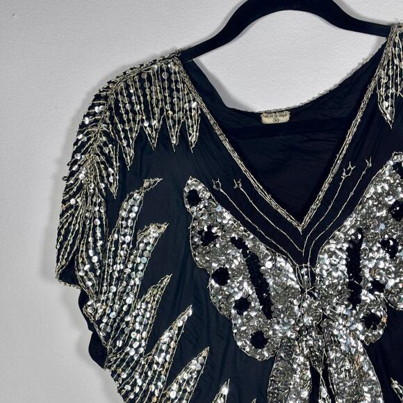 Vintage Silk Butterfly Sequin Top Black & Silver Women’s Size M New Years Eve - Picture 2 of 15